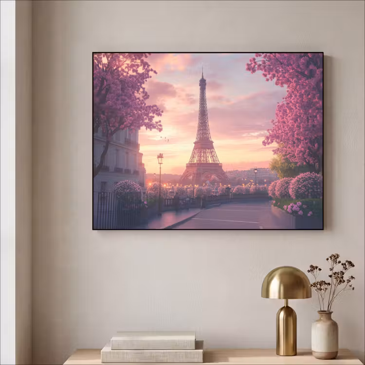 Eiffeltoren - Parijs - Roze Textielframe - compleet frame klein -sfeer2