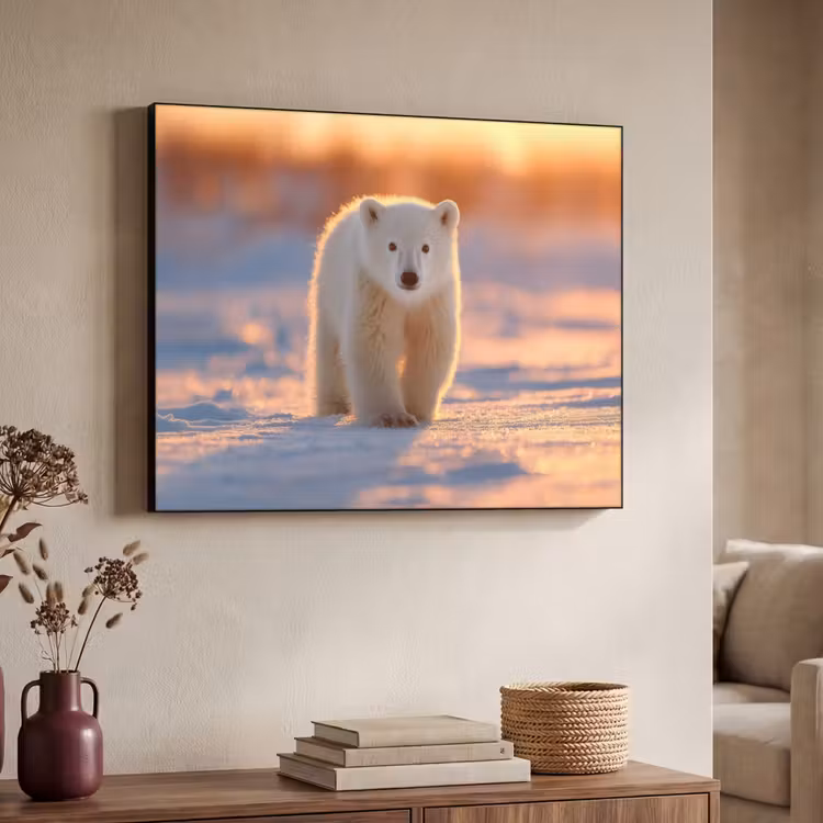 Ijsbeer - Sneeuw - Zonsopgang Textielframe - compleet frame klein -sfeer3
