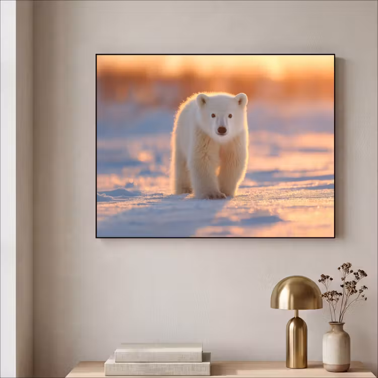 Ijsbeer - Sneeuw - Zonsopgang Textielframe zwart klein -sfeer2