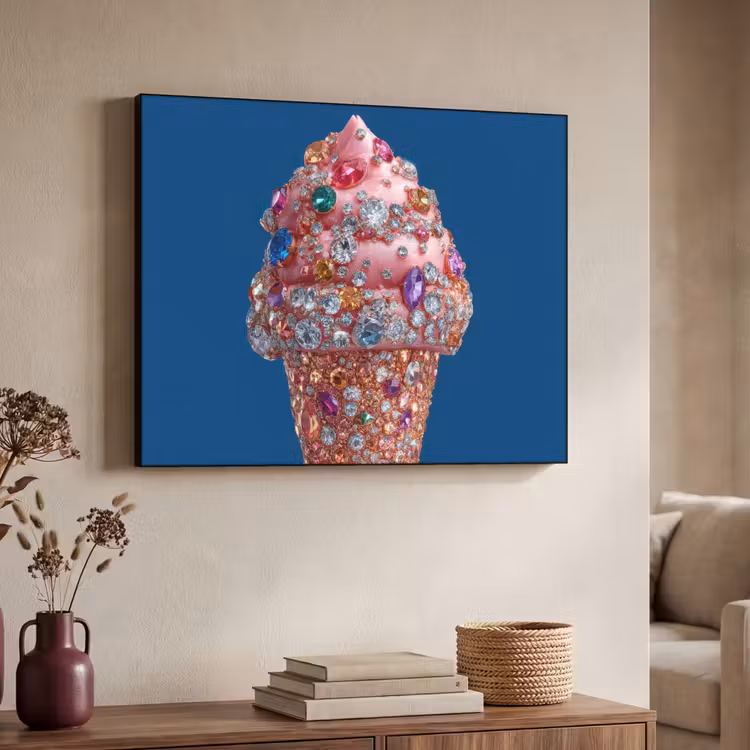 Ijsje - Hoorntje - Steentjes - Blauw Textielframe zwart klein -sfeer3