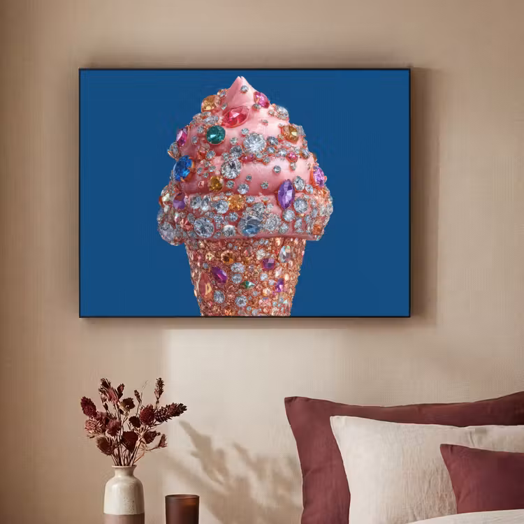 Ijsje - Hoorntje - Steentjes - Blauw Textielframe - compleet frame klein -sfeer1