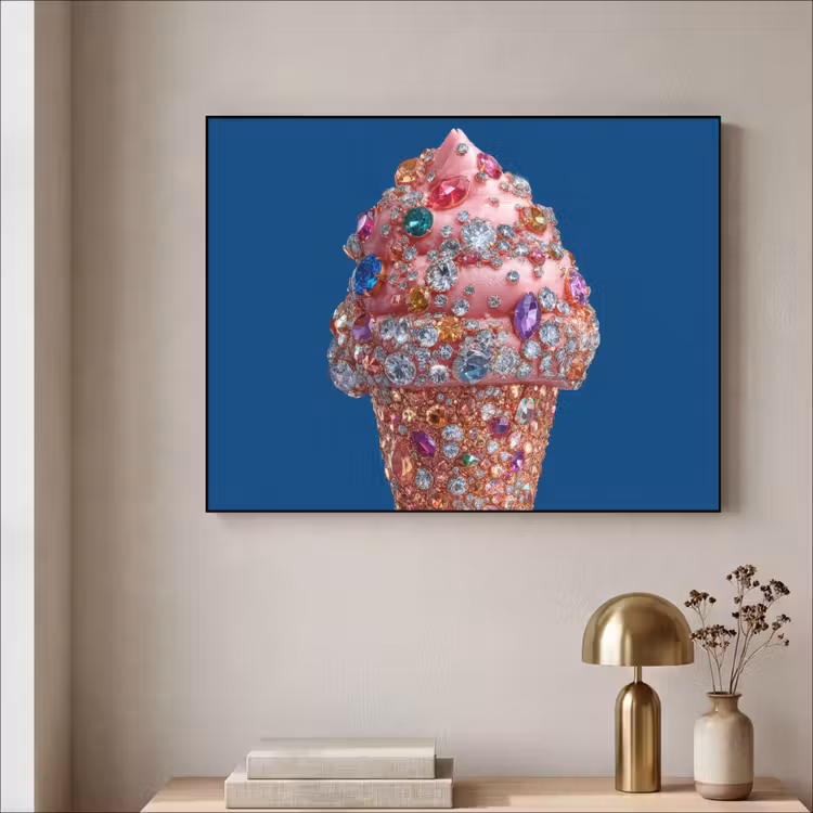 Ijsje - Hoorntje - Steentjes - Blauw Textielframe - compleet frame klein -sfeer2