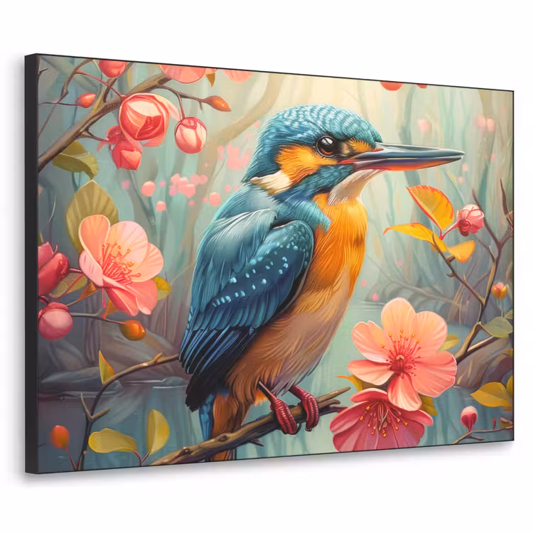 IJsvogel - Bloesem - Natuur - Vogels - Bloemen Textielframe zwart klein -3d