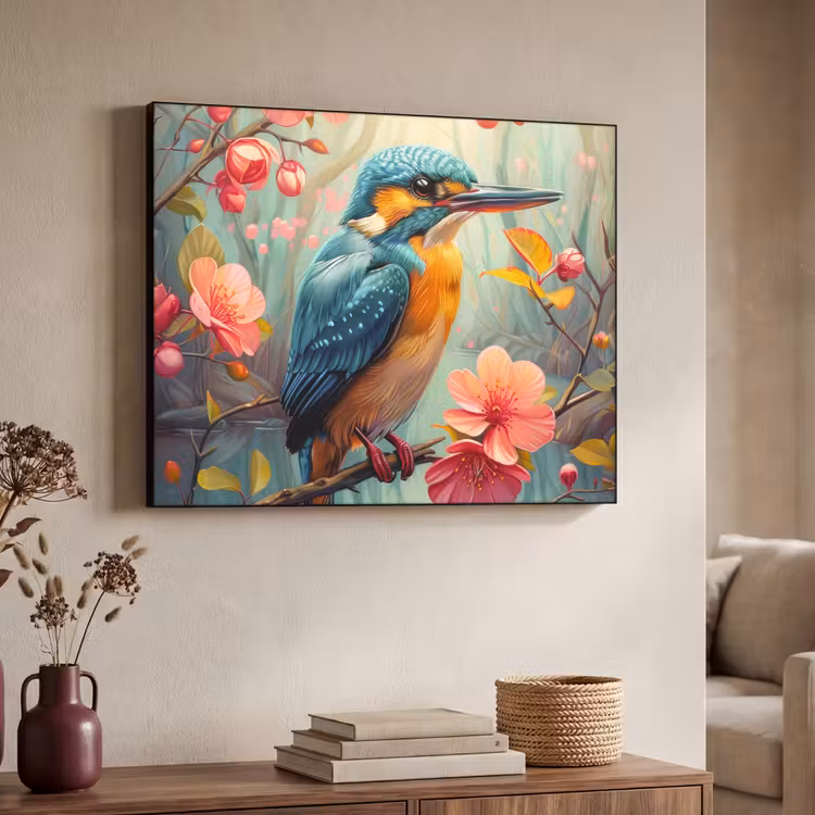 IJsvogel - Bloesem - Natuur - Vogels - Bloemen Textielframe zwart klein -sfeer3