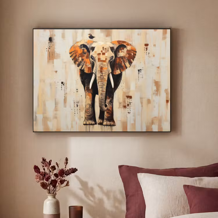Olifant - Slurf - Mozaïek - Abstract Textielframe - compleet frame klein -sfeer1