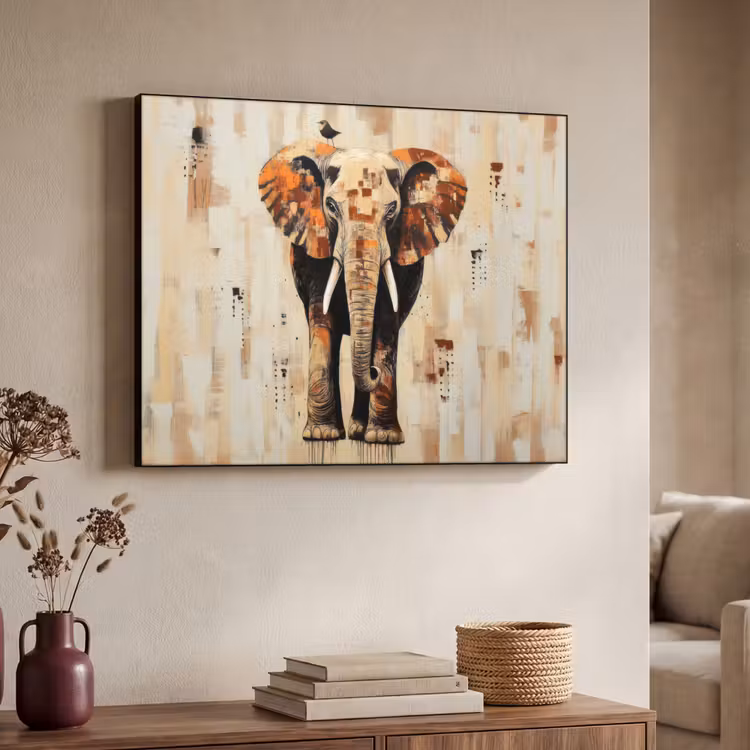 Olifant - Slurf - Mozaïek - Abstract Textielframe - compleet frame klein -sfeer3