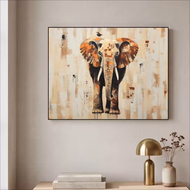 Olifant - Slurf - Mozaïek - Abstract Textielframe - compleet frame klein -sfeer2