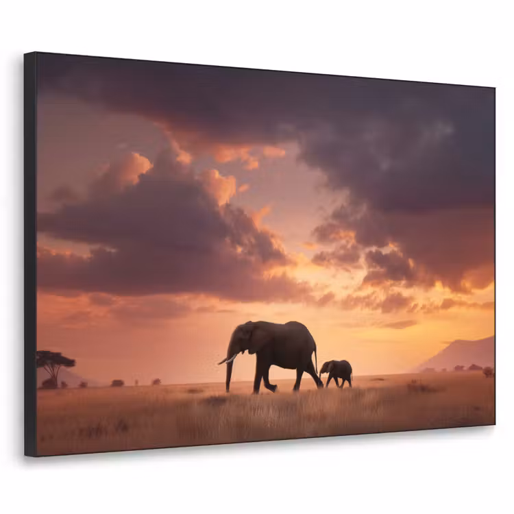 Olifanten - Grasland - Zonsondergang Textielframe - compleet frame klein -3d
