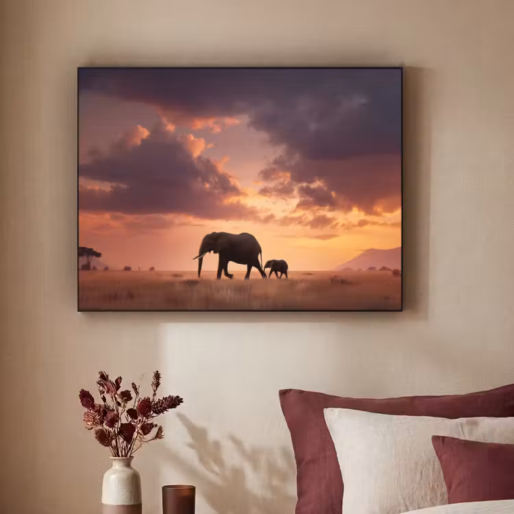 Olifanten - Grasland - Zonsondergang Textielframe - compleet frame klein -sfeer1