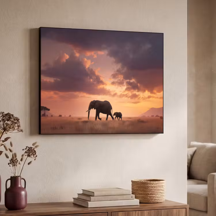 Olifanten - Grasland - Zonsondergang Textielframe - compleet frame klein -sfeer3