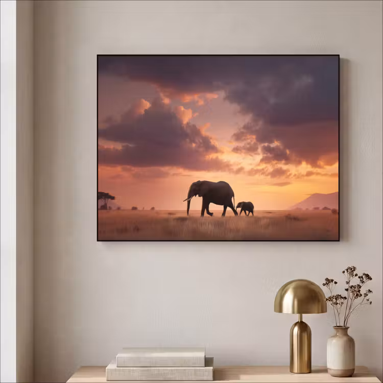 Olifanten - Grasland - Zonsondergang Textielframe - compleet frame klein -sfeer2