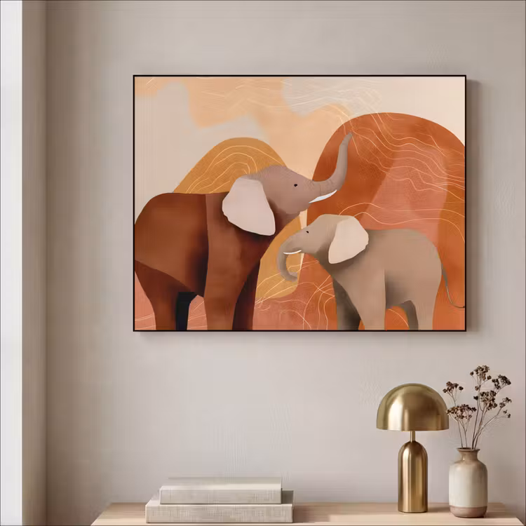 Olifanten - Oranje - Abstract Textielframe - compleet frame klein -sfeer2
