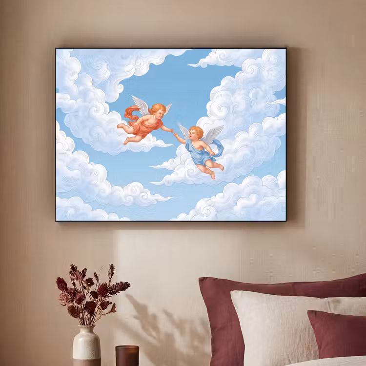 Engel - Vliegend - Klassiek - Blauw Textielframe zwart klein -sfeer1