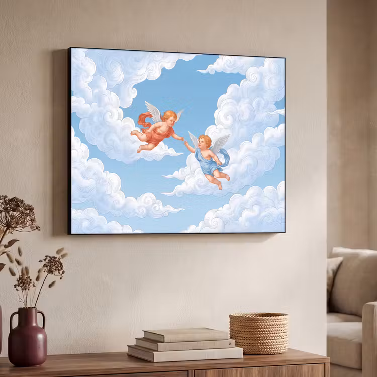 Engel - Vliegend - Klassiek - Blauw Textielframe zwart klein -sfeer3