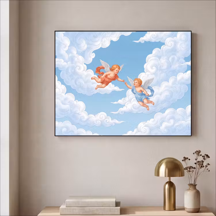 Engel - Vliegend - Klassiek - Blauw Textielframe zwart klein -sfeer2