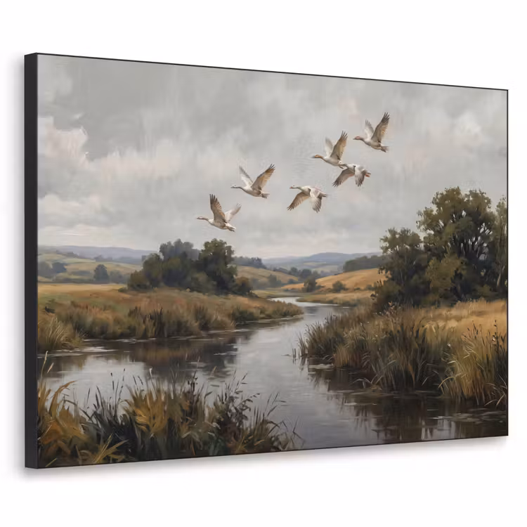 Eenden - Rivier - Landschap - Vlucht - Nostalgisch Textielframe zwart klein -3d
