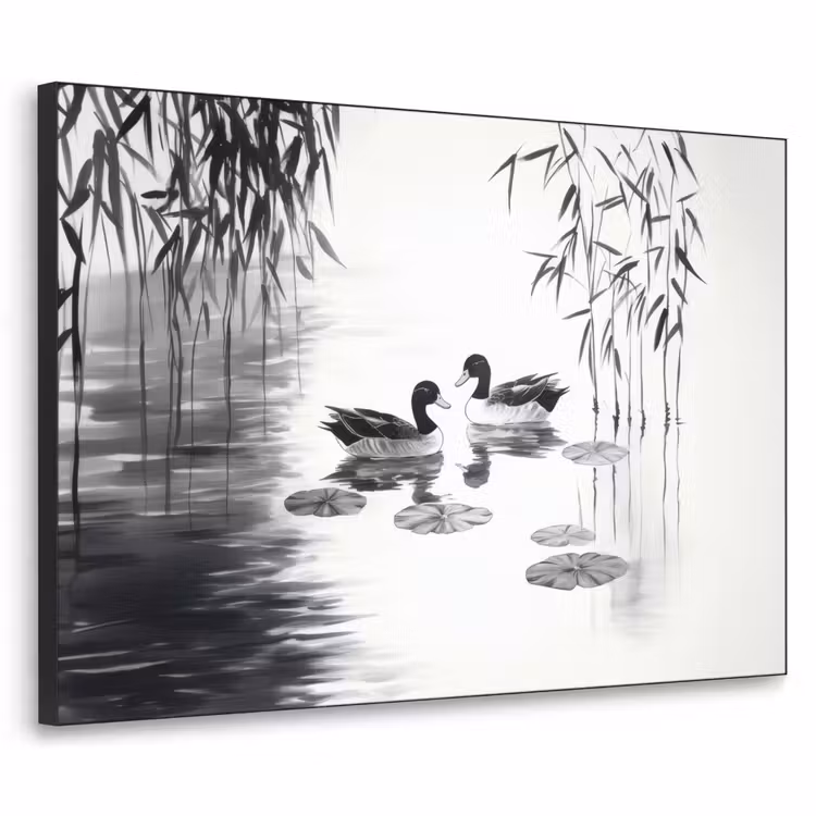 Eenden - Waterlelies - Riet - Zwart Textielframe - compleet frame klein -3d