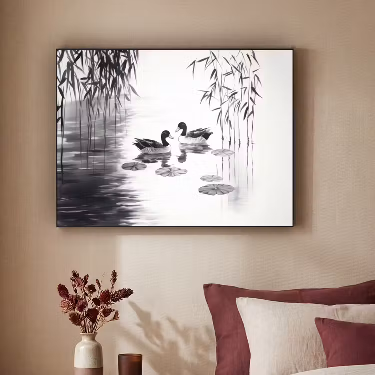 Eenden - Waterlelies - Riet - Zwart Textielframe - compleet frame klein -sfeer1