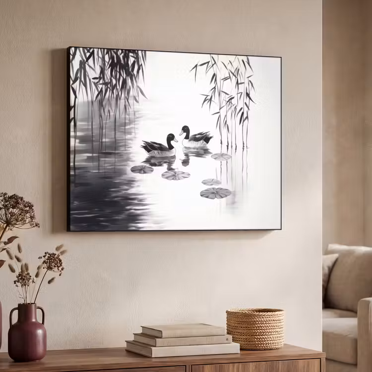 Eenden - Waterlelies - Riet - Zwart Textielframe - compleet frame klein -sfeer3