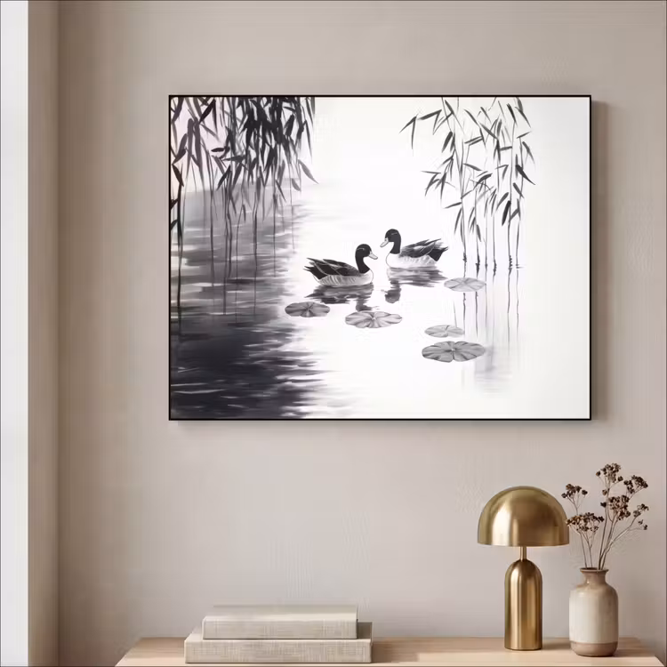 Eenden - Waterlelies - Riet - Zwart Textielframe - compleet frame klein -sfeer2