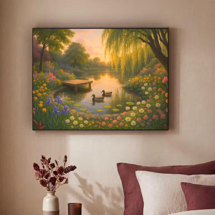 Eenden - Vijver - Bloemen Textielframe - compleet frame klein -sfeer1