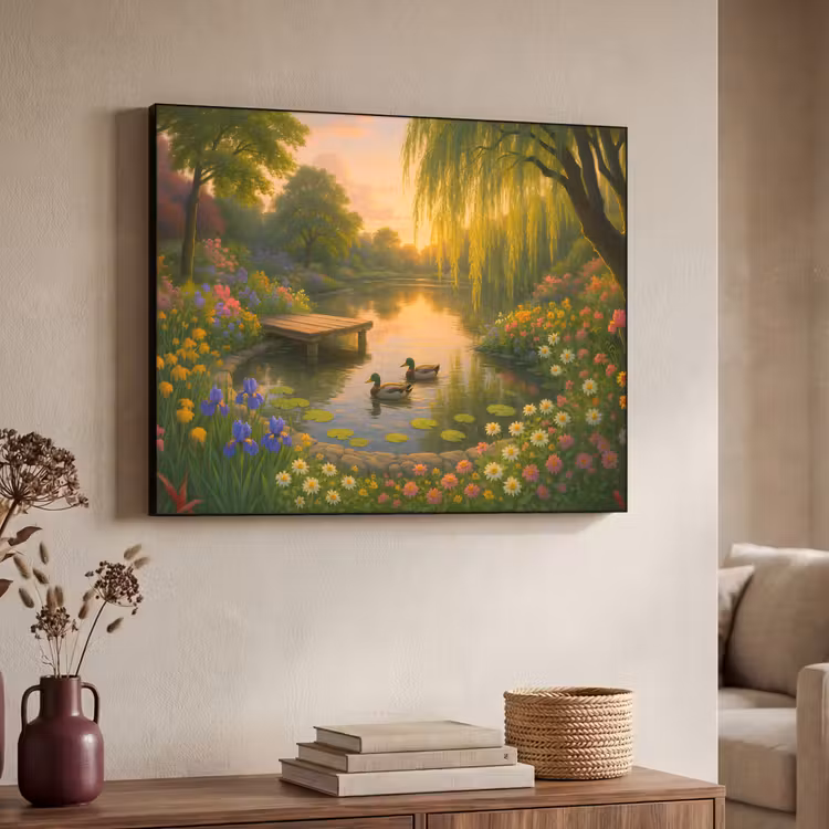 Eenden - Vijver - Bloemen Textielframe - compleet frame klein -sfeer3