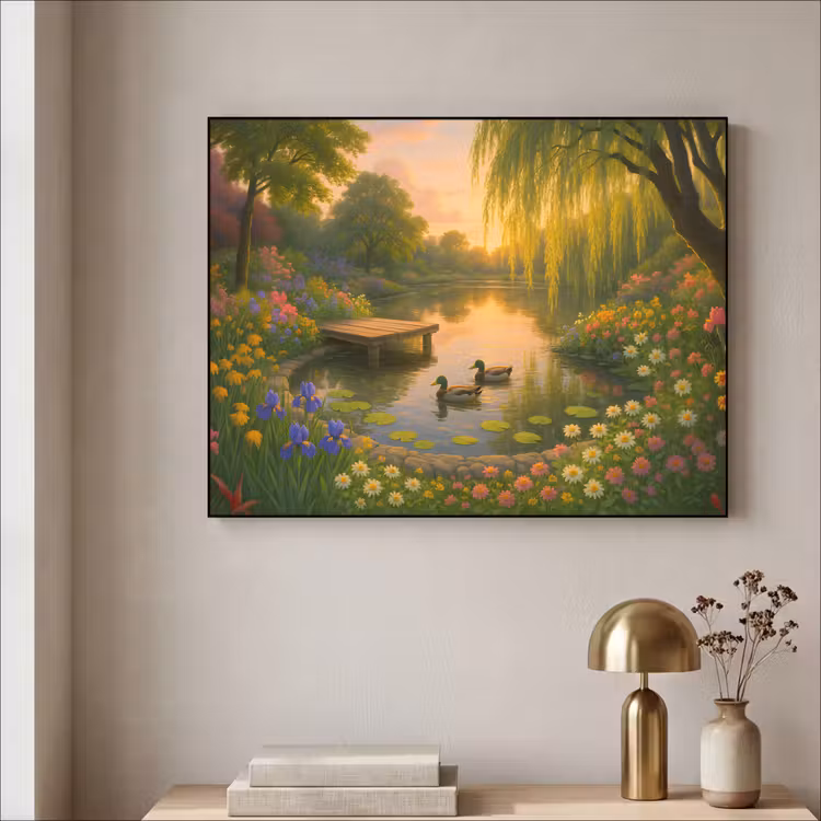 Eenden - Vijver - Bloemen Textielframe zwart klein -sfeer2