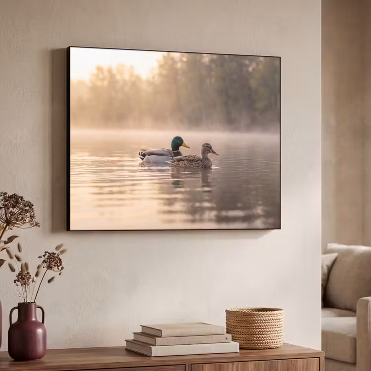 Eenden - Water - Mist - Natuur Textielframe zwart klein -sfeer3