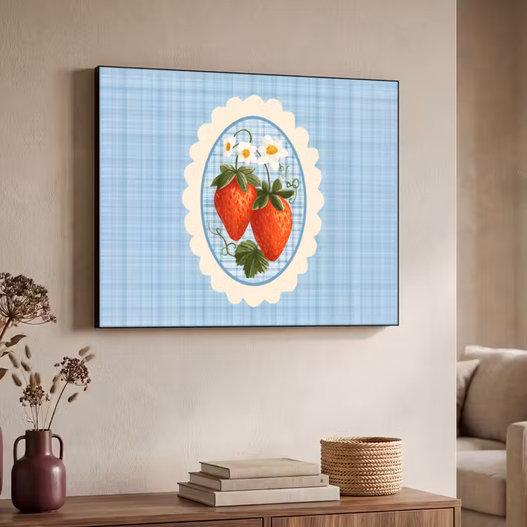 Aardbeien - Lijst - Rood - Geruit Textielframe zwart klein -sfeer3