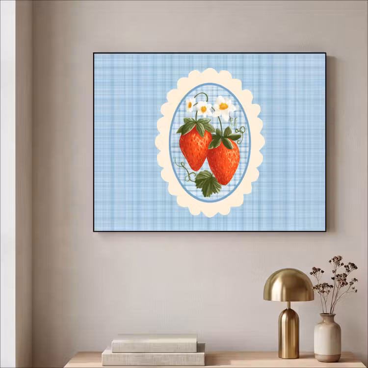 Aardbeien - Lijst - Rood - Geruit Textielframe - compleet frame klein -sfeer2