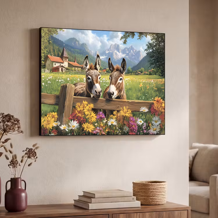 Ezels - Bloemen - Zomers Textielframe zwart klein -sfeer3