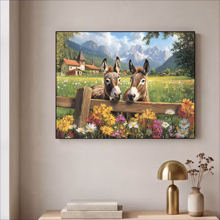 Ezels - Bloemen - Zomers Textielframe zwart klein -sfeer2