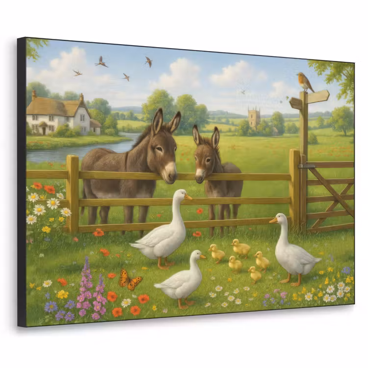 Ezels - Ganzen - Kleurrijk Textielframe zwart klein -3d