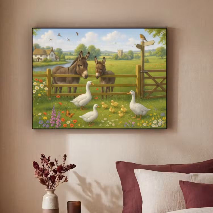 Ezels - Ganzen - Kleurrijk Textielframe - compleet frame klein -sfeer1