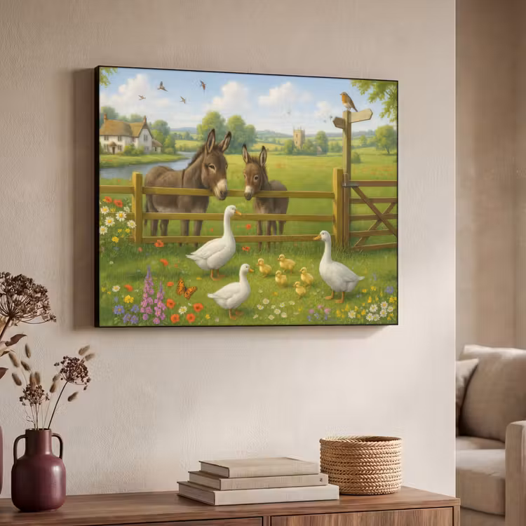 Ezels - Ganzen - Kleurrijk Textielframe - compleet frame klein -sfeer3