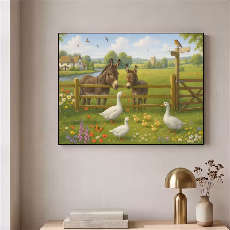 Ezels - Ganzen - Kleurrijk Textielframe - compleet frame klein -sfeer2