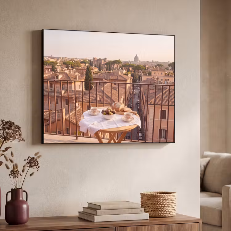 Eten - Ontbijt - Balkon - Stad - Zonsopgang Textielframe zwart klein -sfeer3