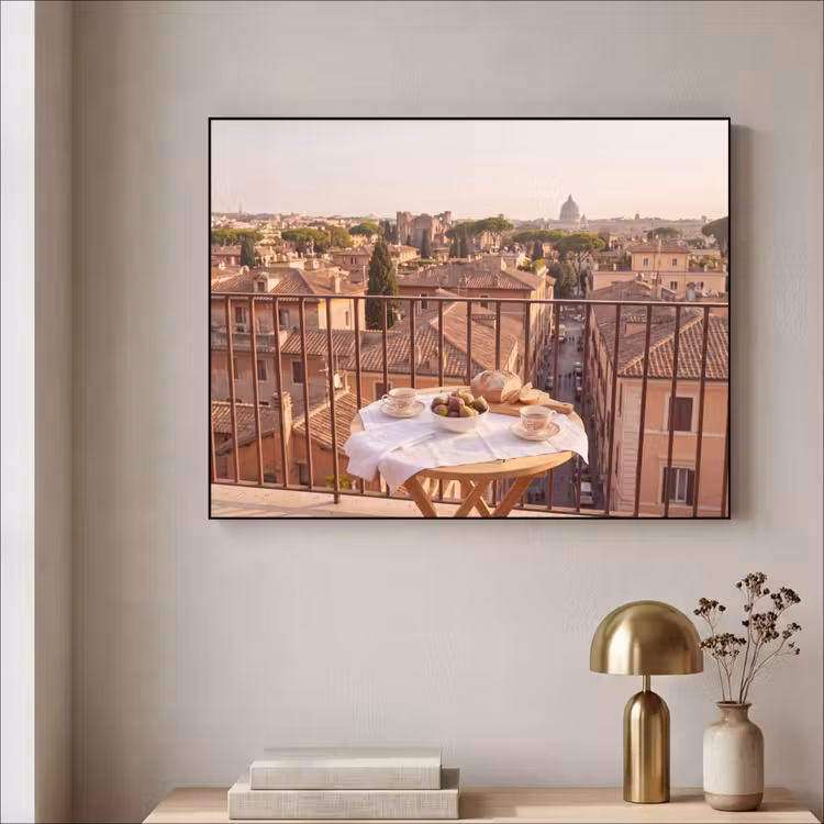 Eten - Ontbijt - Balkon - Stad - Zonsopgang Textielframe zwart klein -sfeer2