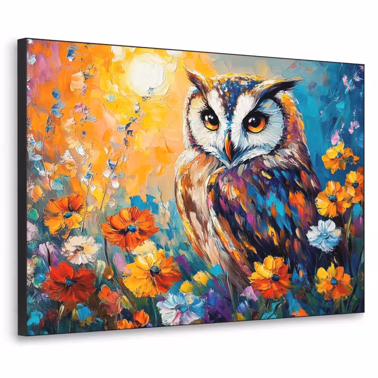Uil - Bloemen - Kunst - Zonsondergang Textielframe zwart klein -3d