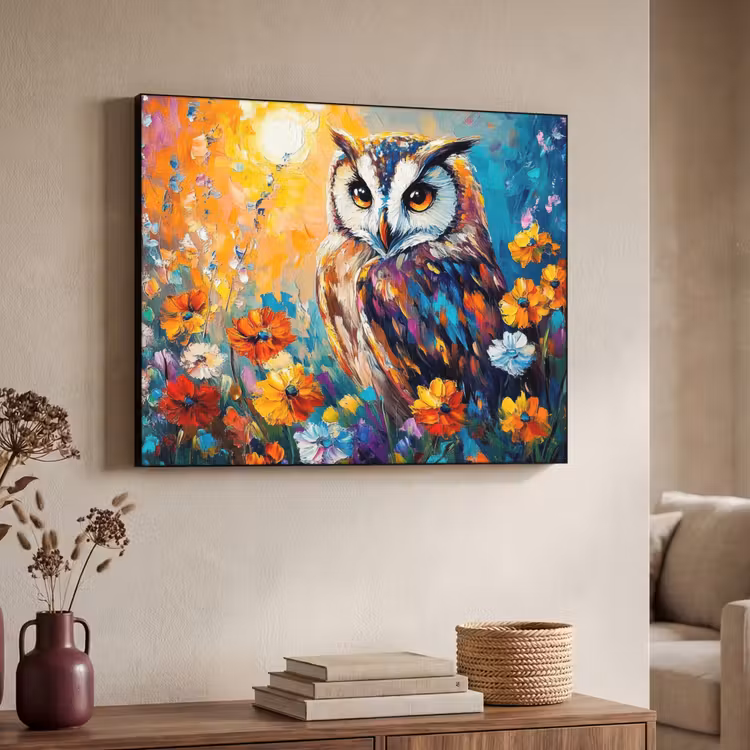Uil - Bloemen - Kunst - Zonsondergang Textielframe - compleet frame klein -sfeer3