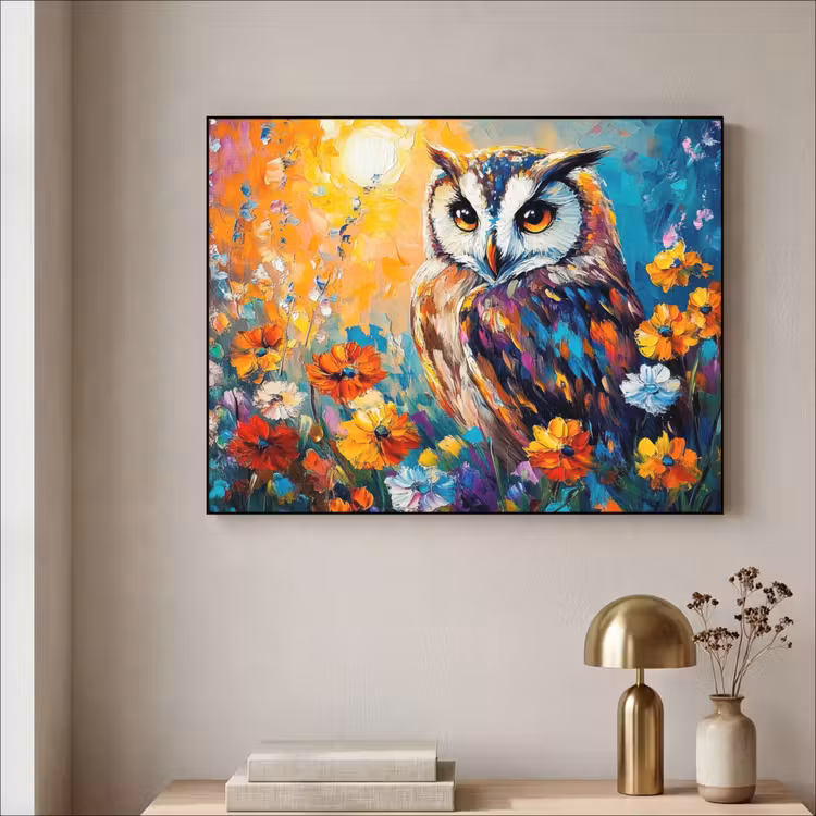 Uil - Bloemen - Kunst - Zonsondergang Textielframe - compleet frame klein -sfeer2