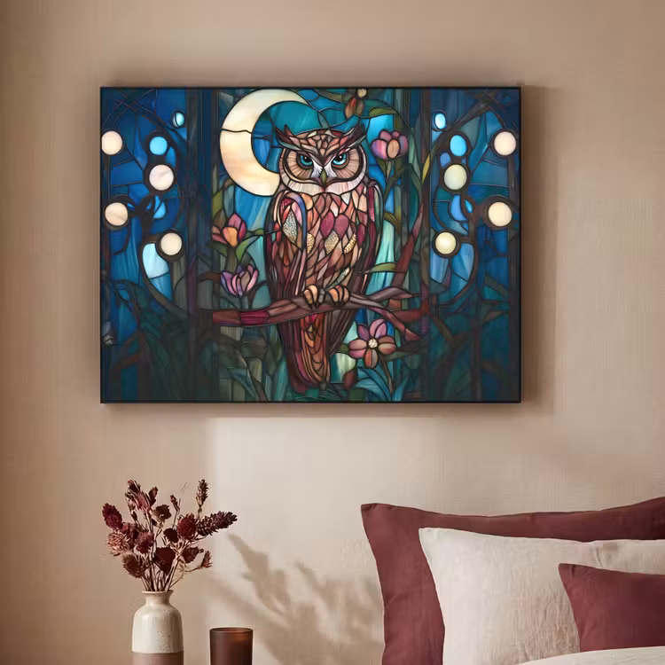 Uil - Mozaïek - Maan - Nacht Textielframe zwart klein -sfeer1