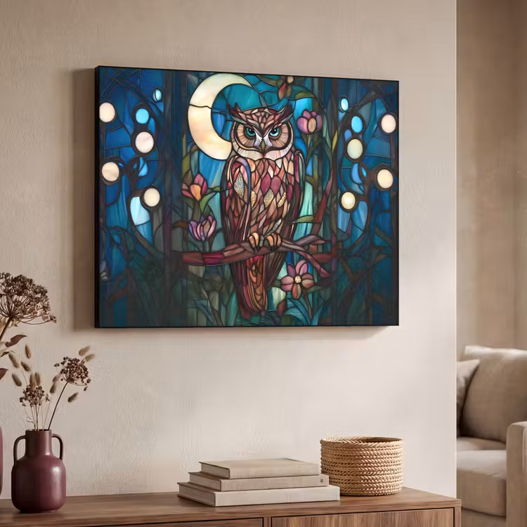 Uil - Mozaïek - Maan - Nacht Textielframe - compleet frame klein -sfeer3