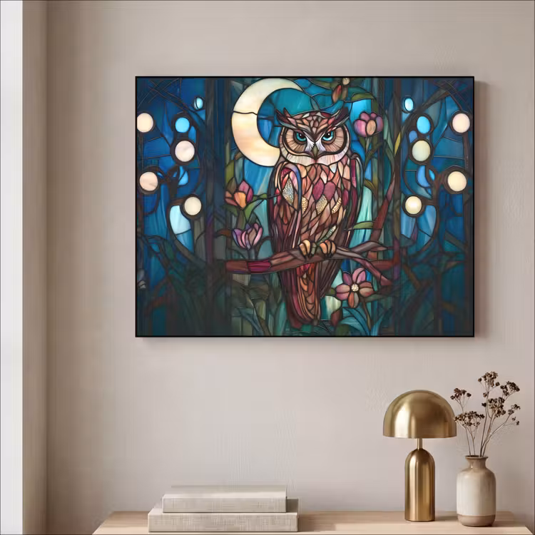 Uil - Mozaïek - Maan - Nacht Textielframe - compleet frame klein -sfeer2