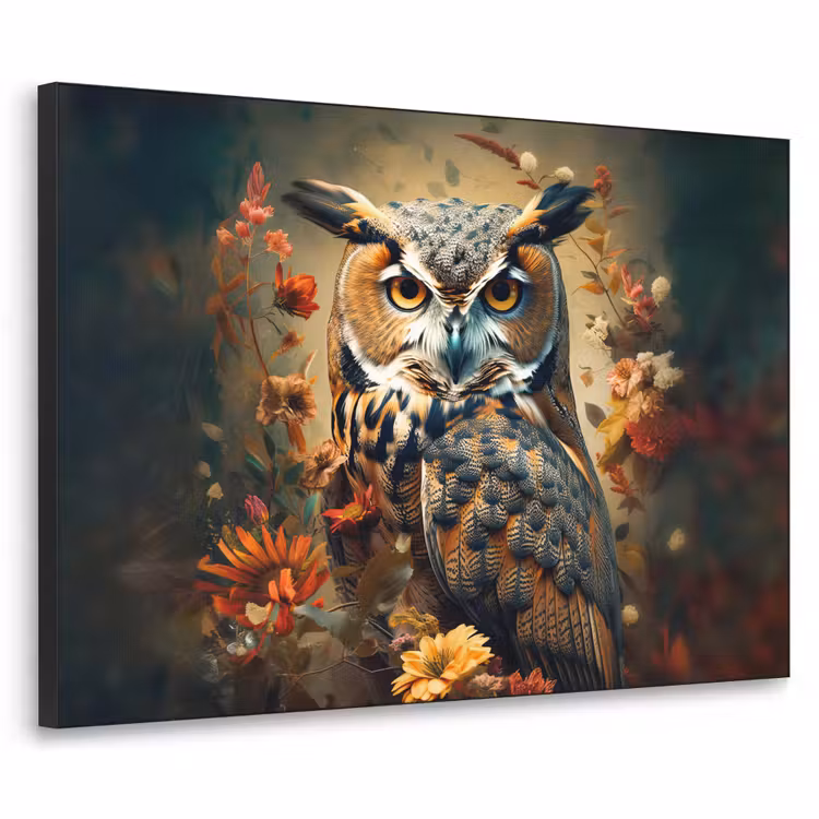 Uil - Vogel - Bloemen - Planten - Botanisch Textielframe zwart klein -3d