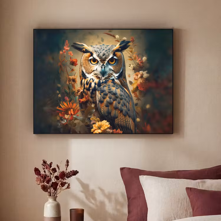 Uil - Vogel - Bloemen - Planten - Botanisch Textielframe zwart klein -sfeer1