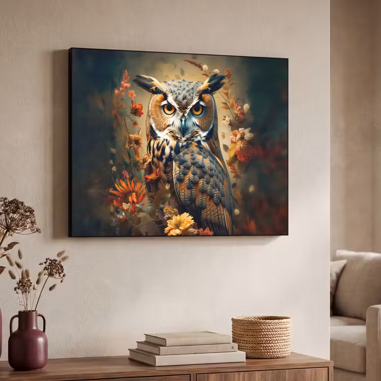 Uil - Vogel - Bloemen - Planten - Botanisch Textielframe zwart klein -sfeer3