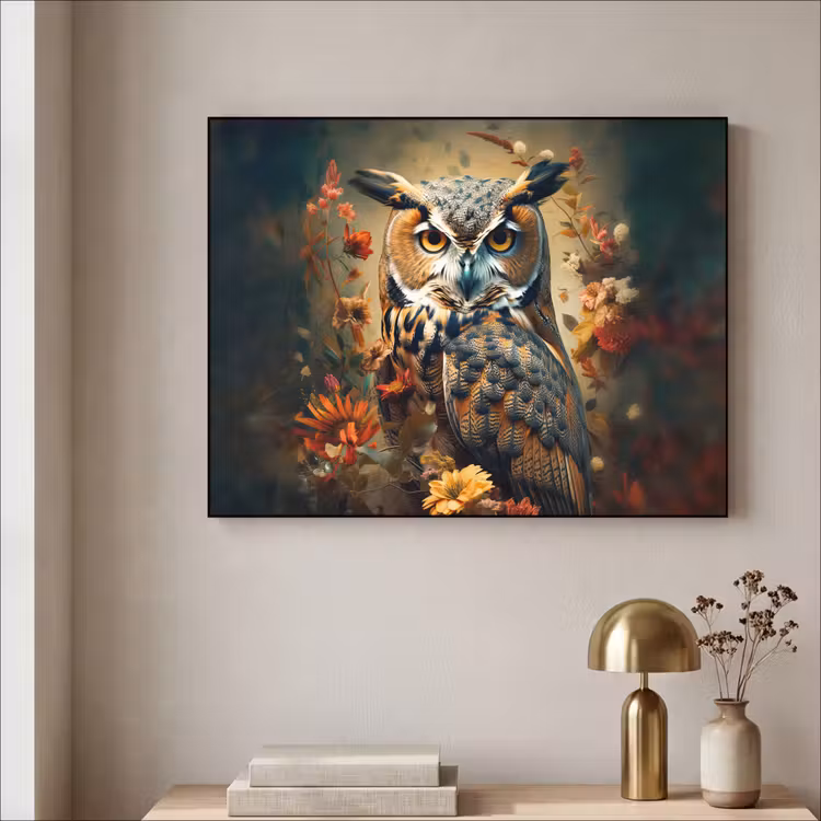 Uil - Vogel - Bloemen - Planten - Botanisch Textielframe zwart klein -sfeer2