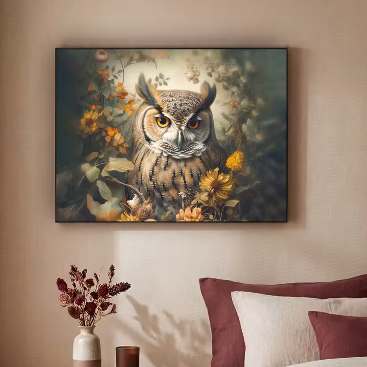 Uil - Vogels - Bloemen - Natuur Textielframe zwart klein -sfeer1