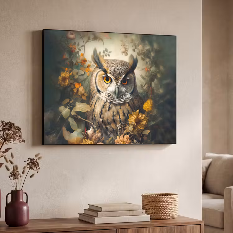 Uil - Vogels - Bloemen - Natuur Textielframe zwart klein -sfeer3